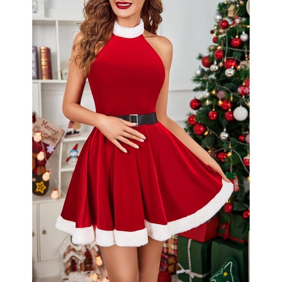 Women Halter Neck Mini Velvet Dress Sexy Party Outfit for Christmas Santa Night - Picture 4 of 6